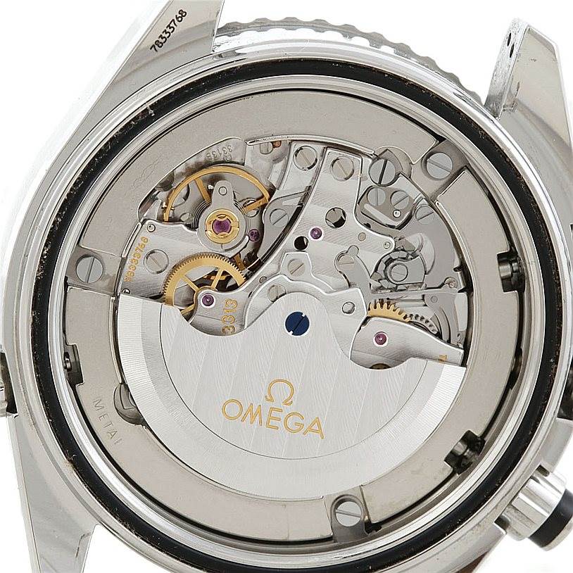 This image shows the internal movement mechanism of the Omega Planet Ocean 2210.50.00 Men's Stainless Steel Black Dial 2210.50.00 Men's Stainless Steel Black Dial watch from a backside angle.