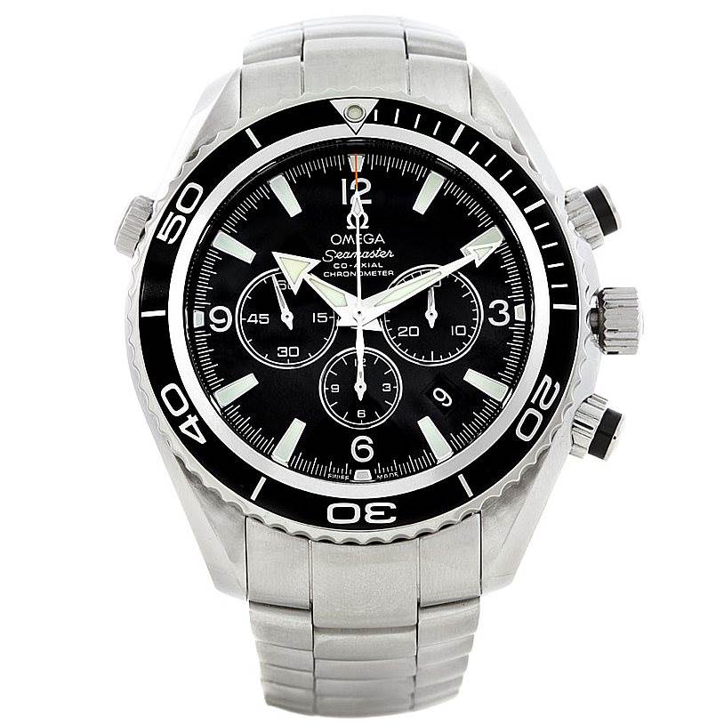 The image shows a front view of the Omega Planet Ocean 2210.50.00 Men's Stainless Steel Black Dial 2210.50.00 Men's Stainless Steel Black Dial, highlighting its dial, bezel, chronograph subdials, and stainless steel bracelet.