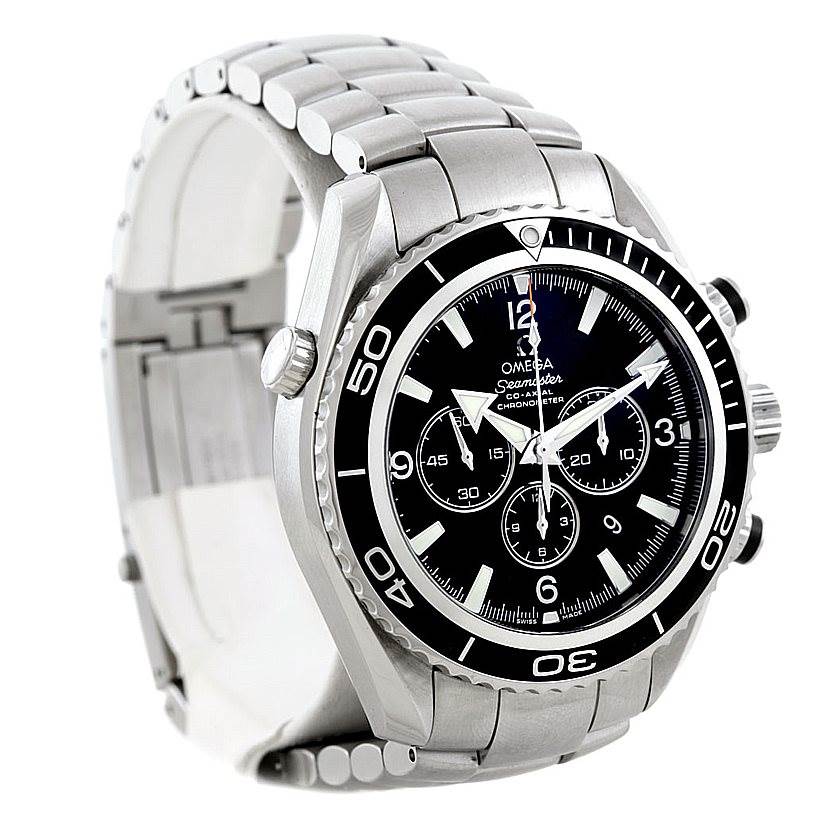 The Omega Planet Ocean 2210.50.00 Men's Stainless Steel Black Dial 2210.50.00 Men's Stainless Steel Black Dial watch is shown from a three-quarter view, displaying the face, bezel, crown, and part of the metal bracelet.