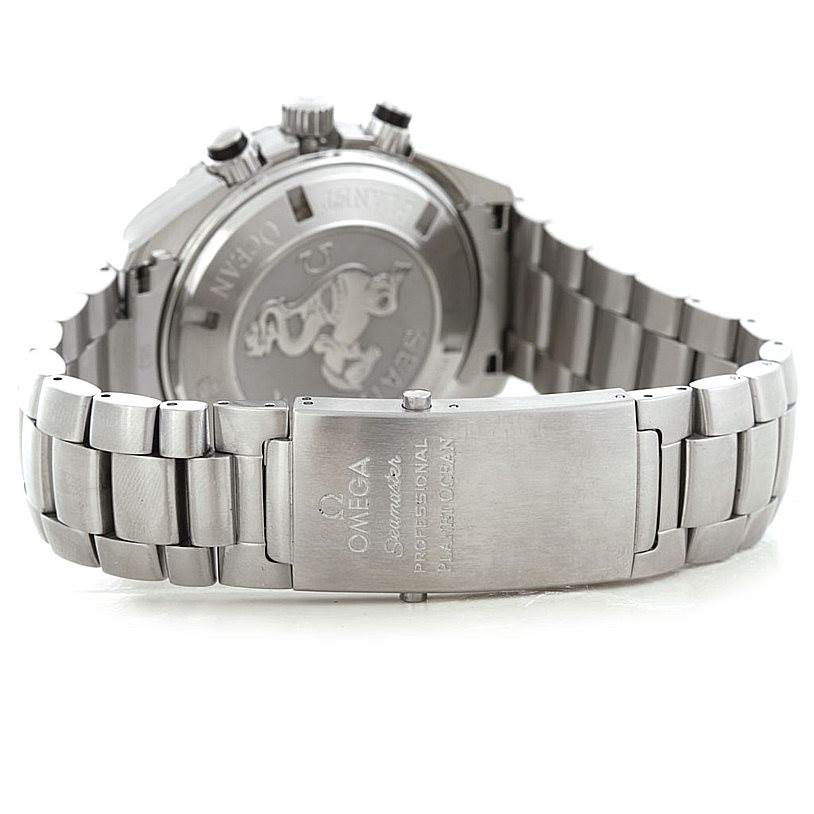This image shows the back and bracelet clasp of an Omega Seamaster Planet Ocean watch, with branding and inscriptions visible.