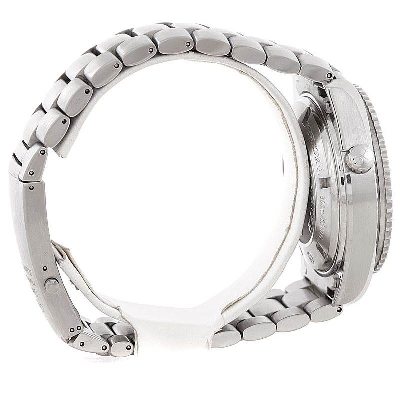 The image shows the side view of an Omega Planet Ocean 2210.50.00 Men's Stainless Steel Black Dial 2210.50.00 Men's Stainless Steel Black Dial watch, focusing on the stainless steel bracelet and clasp.