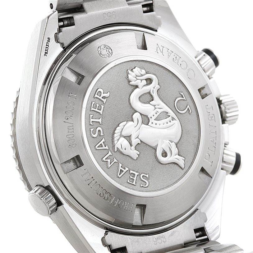 The image shows the back casing of the Omega Planet Ocean 2210.50.00 Men's Stainless Steel Black Dial 2210.50.00 Men's Stainless Steel Black Dial Seamaster watch, displaying the logo and model details.
