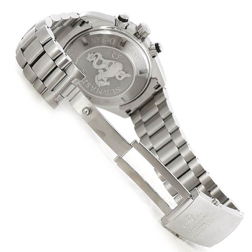 The image shows the back case and stainless steel bracelet with an open clasp of the Omega Planet Ocean 2210.50.00 Men's Stainless Steel Black Dial 2210.50.00 Men's Stainless Steel Black Dial watch.