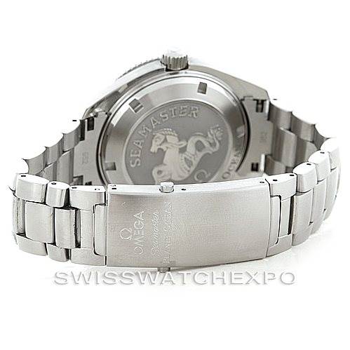 The image shows the back and bracelet of the Omega Planet Ocean 2209.50.00 Men
s Stainless Steel Black Dial 2209.50.00 Men
s Stainless Steel Black Dial watch, emphasizing the clasp and case back engraving.