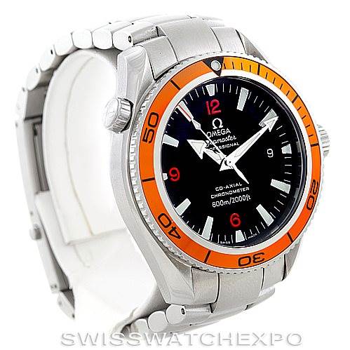 The image shows an Omega Planet Ocean 2209.50.00 Men
s Stainless Steel Black Dial 2209.50.00 Men
s Stainless Steel Black Dial watch at a three-quarter angle, highlighting the dial, bezel, bracelet, and crown.