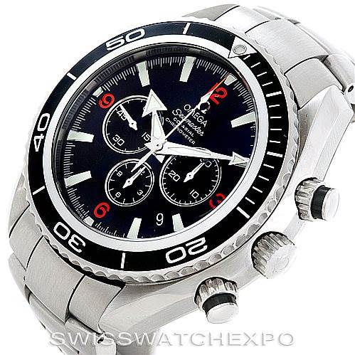 The image shows a front angle of the Omega Planet Ocean 2210.51.00 Men
s Stainless Steel Black Dial 2210.51.00 Men
s Stainless Steel Black Dial watch, highlighting the bezel, chronograph subdials, and crown with pushers.