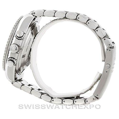 The image shows a side view of the Omega Planet Ocean 2210.51.00 Men
s Stainless Steel Black Dial 2210.51.00 Men
s Stainless Steel Black Dial watch, highlighting its bracelet, clasp, and side buttons.