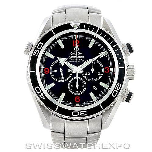 This Omega Planet Ocean 2210.51.00 Men
s Stainless Steel Black Dial 2210.51.00 Men
s Stainless Steel Black Dial watch is shown from a top-down angle, highlighting the bezel, dial, chronographs, and bracelet.