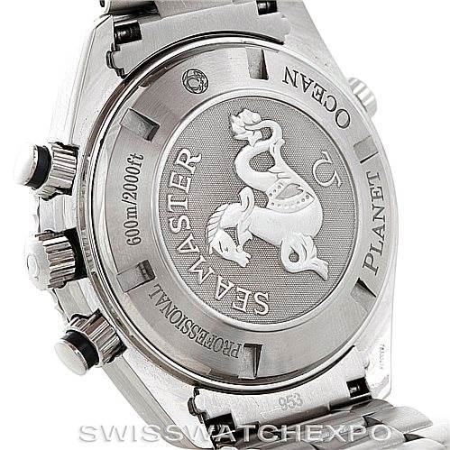 The image shows the back case and side buttons of the Omega Planet Ocean 2210.51.00 Men
s Stainless Steel Black Dial 2210.51.00 Men
s Stainless Steel Black Dial watch, featuring the Seamaster engraving and branding.