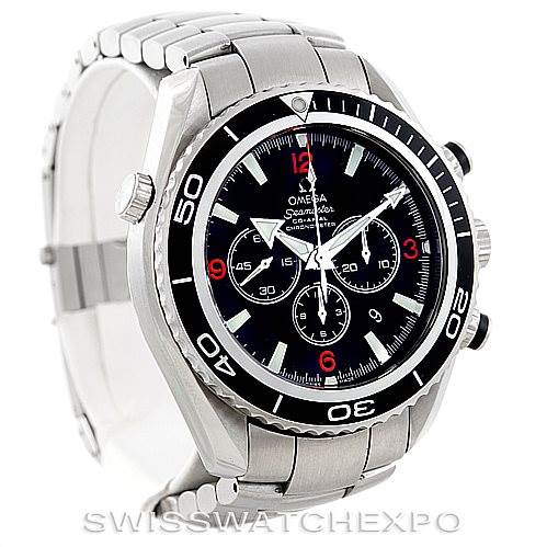 The image shows an Omega Planet Ocean 2210.51.00 Men
s Stainless Steel Black Dial 2210.51.00 Men
s Stainless Steel Black Dial watch angled from the front-left, displaying its bezel, dial, and bracelet.