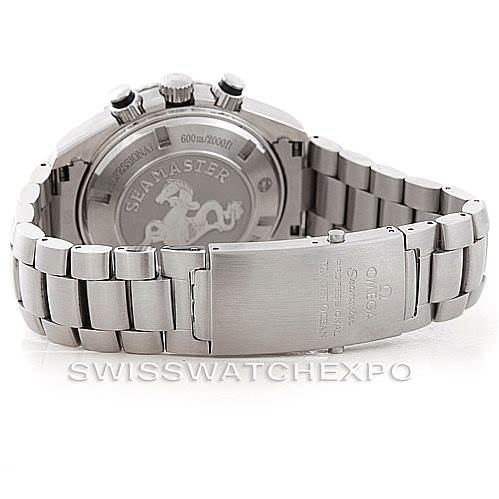 The image shows the back view of the Omega Planet Ocean 2210.51.00 Men
s Stainless Steel Black Dial 2210.51.00 Men
s Stainless Steel Black Dial watch, highlighting the case back and stainless steel bracelet with clasp.