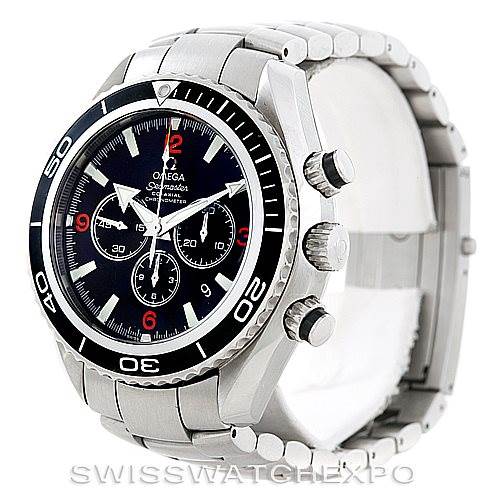 The image shows an Omega Planet Ocean 2210.51.00 Men
s Stainless Steel Black Dial 2210.51.00 Men
s Stainless Steel Black Dial watch at an angle that highlights the face, bezel, and side buttons.