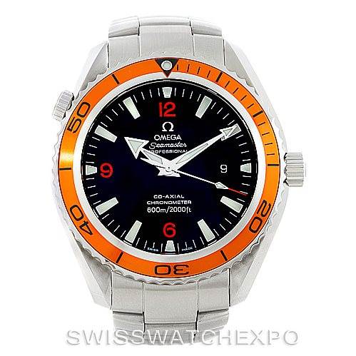 The image shows a frontal view of the Omega Planet Ocean 2208.50.00 Men
s Stainless Steel Black Dial 2208.50.00 Men
s Stainless Steel Black Dial watch, displaying its orange bezel, dial, hands, and bracelet.