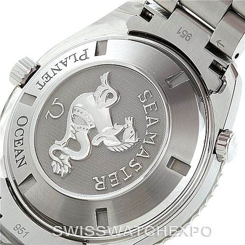 The image shows the stainless steel case back of the Omega Planet Ocean 2208.50.00 Men
s Stainless Steel Black Dial 2208.50.00 Men
s Stainless Steel Black Dial watch, featuring the "Seamaster" engraving and bracelet attachment.