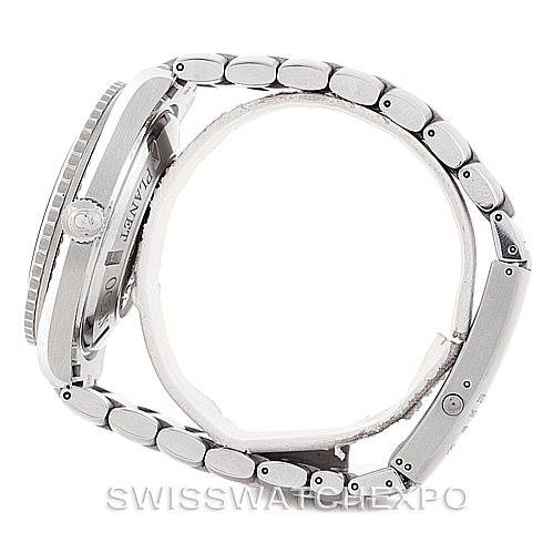This image shows a side view of the Omega Planet Ocean 2208.50.00 Men
s Stainless Steel Black Dial 2208.50.00 Men
s Stainless Steel Black Dial watch, highlighting the bracelet and bezel.