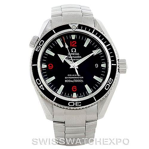 This is a front view of the Omega Planet Ocean 2201.51.00 Men's Stainless Steel Black Dial 2201.51.00 Men's Stainless Steel Black Dial watch, showcasing its bezel, dial, hands, crown, and stainless steel bracelet.