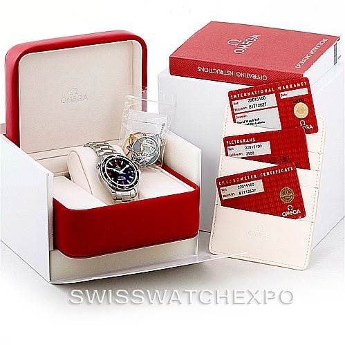 The image shows an Omega Planet Ocean 2201.51.00 Men's Stainless Steel Black Dial 2201.51.00 Men's Stainless Steel Black Dial watch in its box, accompanied by warranty and certification cards.