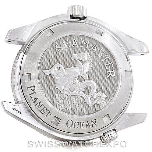 The image shows the back, or case back, of the Omega Planet Ocean 2201.51.00 Men's Stainless Steel Black Dial 2201.51.00 Men's Stainless Steel Black Dial Seamaster watch, highlighting engravings and logo details.