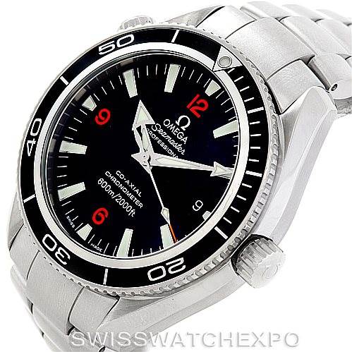 This image shows an Omega Planet Ocean 2201.51.00 Men's Stainless Steel Black Dial 2201.51.00 Men's Stainless Steel Black Dial watch from a front-angled view highlighting the dial, bezel, and bracelet.