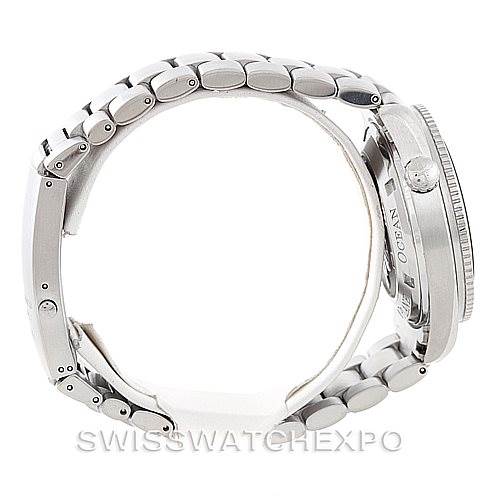 This side-angle shot of the Omega Planet Ocean 2201.51.00 Men's Stainless Steel Black Dial 2201.51.00 Men's Stainless Steel Black Dial watch shows the full metal bracelet and the side profile of the case and bezel.