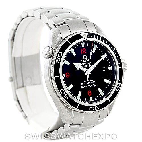 The Omega Planet Ocean 2201.51.00 Men's Stainless Steel Black Dial 2201.51.00 Men's Stainless Steel Black Dial watch is displayed at a three-quarter angle, showing the bezel, dial, crown, and stainless steel bracelet.