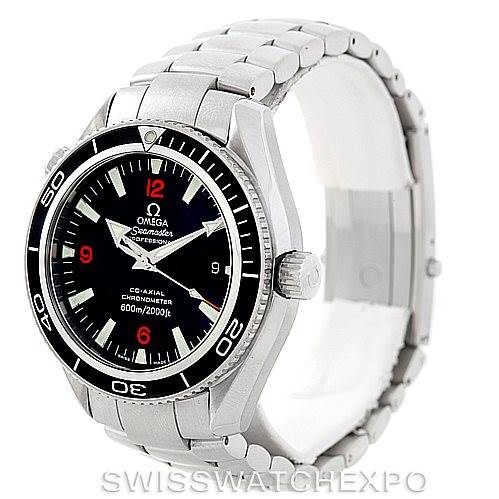 The image shows an angled view of the Omega Planet Ocean 2201.51.00 Men's Stainless Steel Black Dial 2201.51.00 Men's Stainless Steel Black Dial watch, highlighting the dial, bezel, crown, and bracelet.