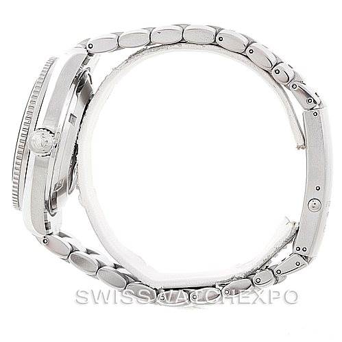 This side view of the Omega Planet Ocean 2201.51.00 Men's Stainless Steel Black Dial 2201.51.00 Men's Stainless Steel Black Dial watch shows the case, bezel, crown, and bracelet.