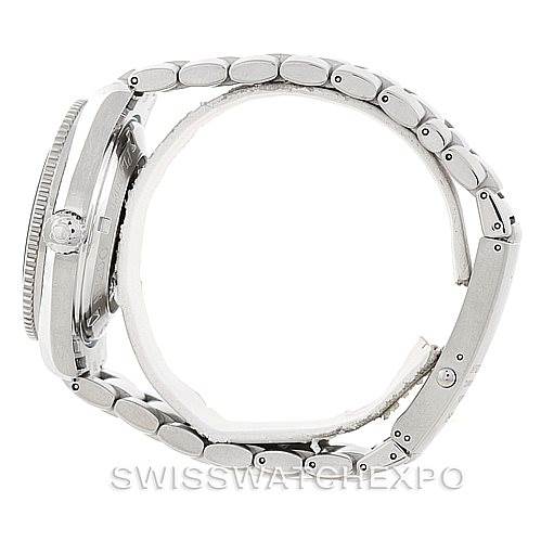 The image shows a side profile of the Omega Planet Ocean 2201.51.00 Men's Stainless Steel Black Dial 2201.51.00 Men's Stainless Steel Black Dial watch, displaying the case, bezel, and stainless steel bracelet.