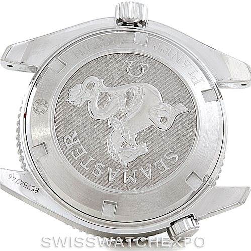 The image shows the case back of an Omega Seamaster Planet Ocean watch.