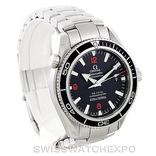 This is an Omega Planet Ocean 2201.51.00 Men's Stainless Steel Black Dial 2201.51.00 Men's Stainless Steel Black Dial watch shown from a three-quarter angle, highlighting the face, bezel, and stainless steel bracelet.