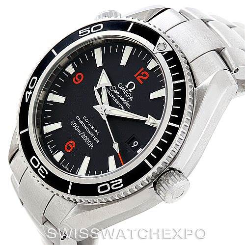 This image shows an Omega Planet Ocean 2201.51.00 Men's Stainless Steel Black Dial 2201.51.00 Men's Stainless Steel Black Dial watch at an angle, highlighting the bezel, dial, crown, and part of the stainless steel bracelet.