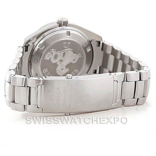 The image shows the back and bracelet of the Omega Planet Ocean 2201.51.00 Men's Stainless Steel Black Dial 2201.51.00 Men's Stainless Steel Black Dial watch viewed from an angled rear perspective.