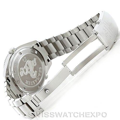 The image shows the back and side view of an Omega Planet Ocean 2201.51.00 Men's Stainless Steel Black Dial 2201.51.00 Men's Stainless Steel Black Dial watch, highlighting its stainless steel bracelet and clasp.