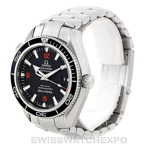 The Omega Planet Ocean 2201.51.00 Men's Stainless Steel Black Dial 2201.51.00 Men's Stainless Steel Black Dial watch is shown at a 3/4 angle, displaying the dial, bezel, crown, and full bracelet.