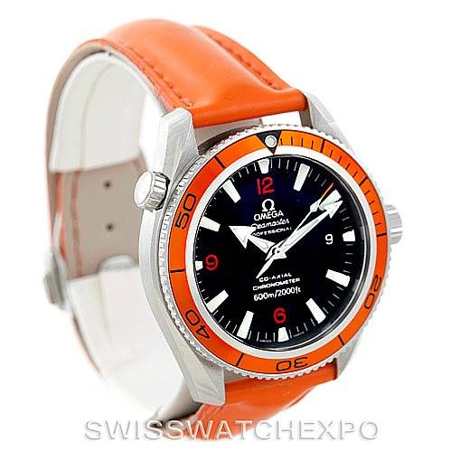 This Omega Planet Ocean 2909.50.83 Men's Stainless Steel Black Dial 2909.50.83 Men's Stainless Steel Black Dial watch is shown from a front-left angle, featuring its orange bezel and strap.