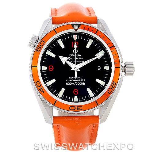 The image shows an Omega Planet Ocean 2909.50.83 Men's Stainless Steel Black Dial 2909.50.83 Men's Stainless Steel Black Dial watch from a front angle, highlighting its orange bezel and strap.