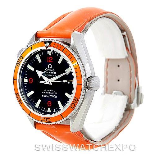 The image shows a front and side view of an Omega Planet Ocean 2909.50.83 Men's Stainless Steel Black Dial 2909.50.83 Men's Stainless Steel Black Dial watch, featuring an orange bezel and strap.