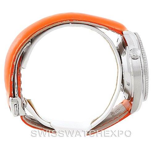 The watch shown is an Omega Planet Ocean 2909.50.83 Men's Stainless Steel Black Dial 2909.50.83 Men's Stainless Steel Black Dial model from a side angle, displaying the orange band, metal case, and crown.