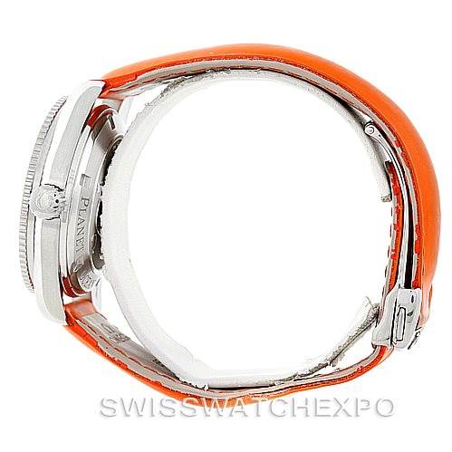 The image shows a side view of an Omega Planet Ocean 2909.50.83 Men's Stainless Steel Black Dial 2909.50.83 Men's Stainless Steel Black Dial watch with an orange strap.