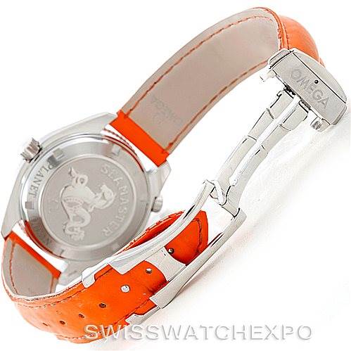 This image shows the back of the Omega Planet Ocean 2909.50.83 Men's Stainless Steel Black Dial 2909.50.83 Men's Stainless Steel Black Dial watch and its orange strap with a clasp, emphasizing the case back and clasp details.