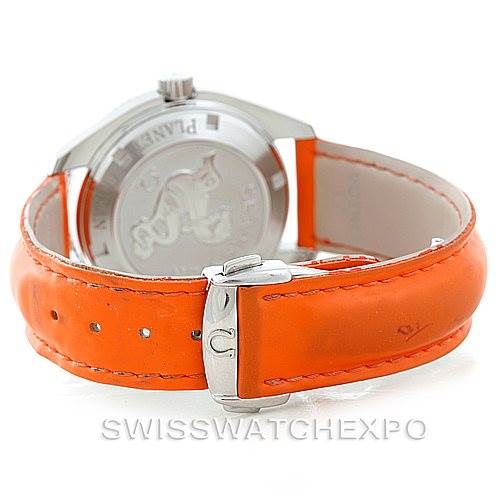 The image shows the back and orange strap of the Omega Planet Ocean 2909.50.83 Men's Stainless Steel Black Dial 2909.50.83 Men's Stainless Steel Black Dial watch, highlighting its clasp and engraving.