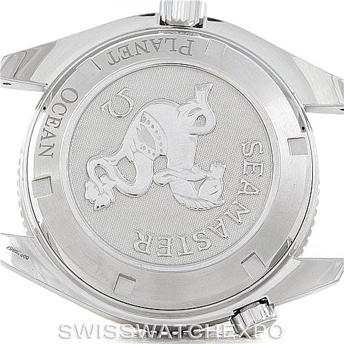 This image shows the case back of an Omega Planet Ocean 2909.50.83 Men's Stainless Steel Black Dial 2909.50.83 Men's Stainless Steel Black Dial watch, featuring the Seamaster engraving.