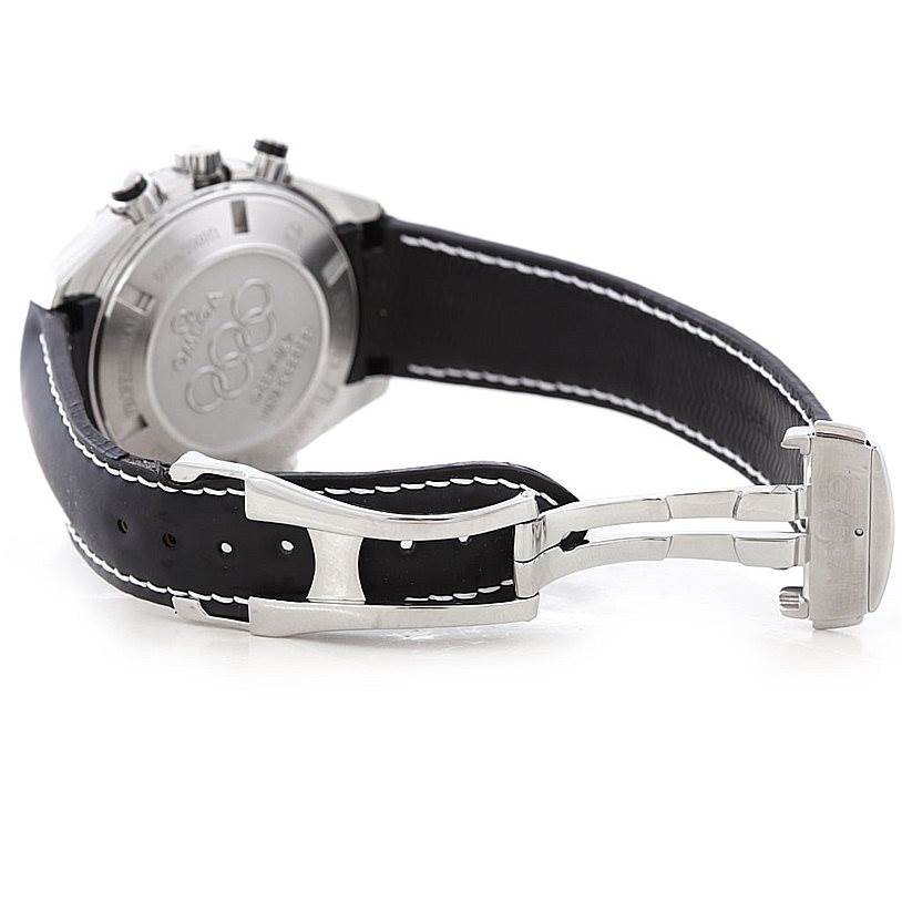 This image shows the back view of the Omega Planet Ocean 222.32.46.50.01.001 Men
s Stainless Steel Black Dial 222.32.46.50.01.001 Men
s Stainless Steel Black Dial watch, featuring its case back and partially open bracelet.