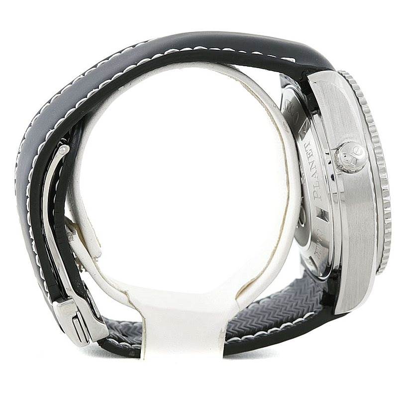 The image shows the side view of an Omega Planet Ocean 222.32.46.50.01.001 Men
s Stainless Steel Black Dial 222.32.46.50.01.001 Men
s Stainless Steel Black Dial watch, focusing on the case, crown, and partially the strap.