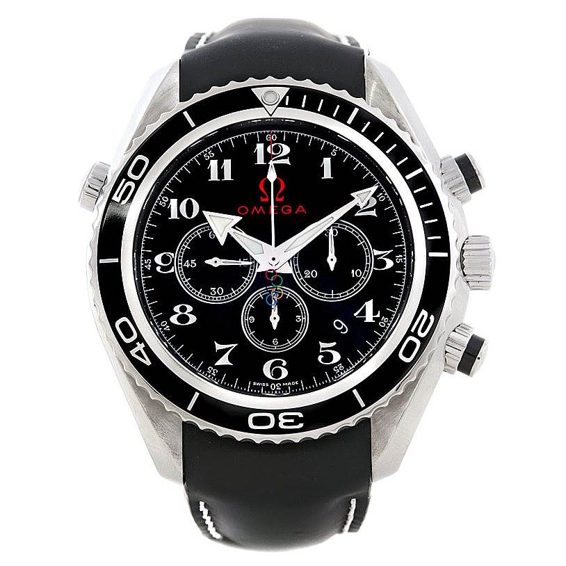 The Omega Planet Ocean 222.32.46.50.01.001 Men
s Stainless Steel Black Dial 222.32.46.50.01.001 Men
s Stainless Steel Black Dial watch is shown from a front angle, displaying its black dial, bezel, and chronograph sub-dials.