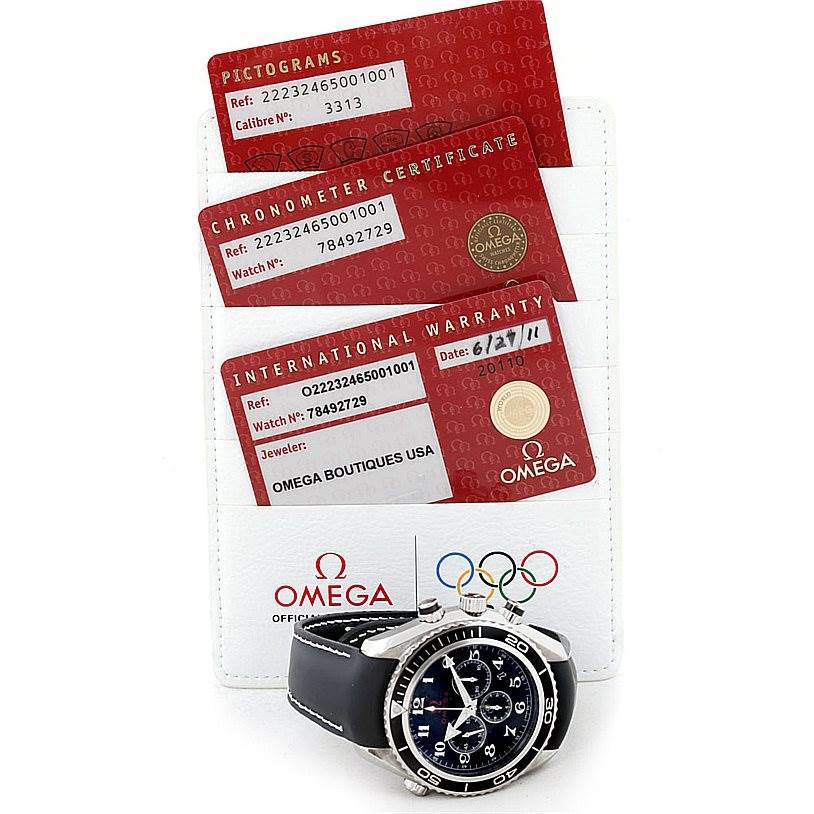 The Planet Ocean model by Omega is shown front-facing with warranty cards and certificates in the background.