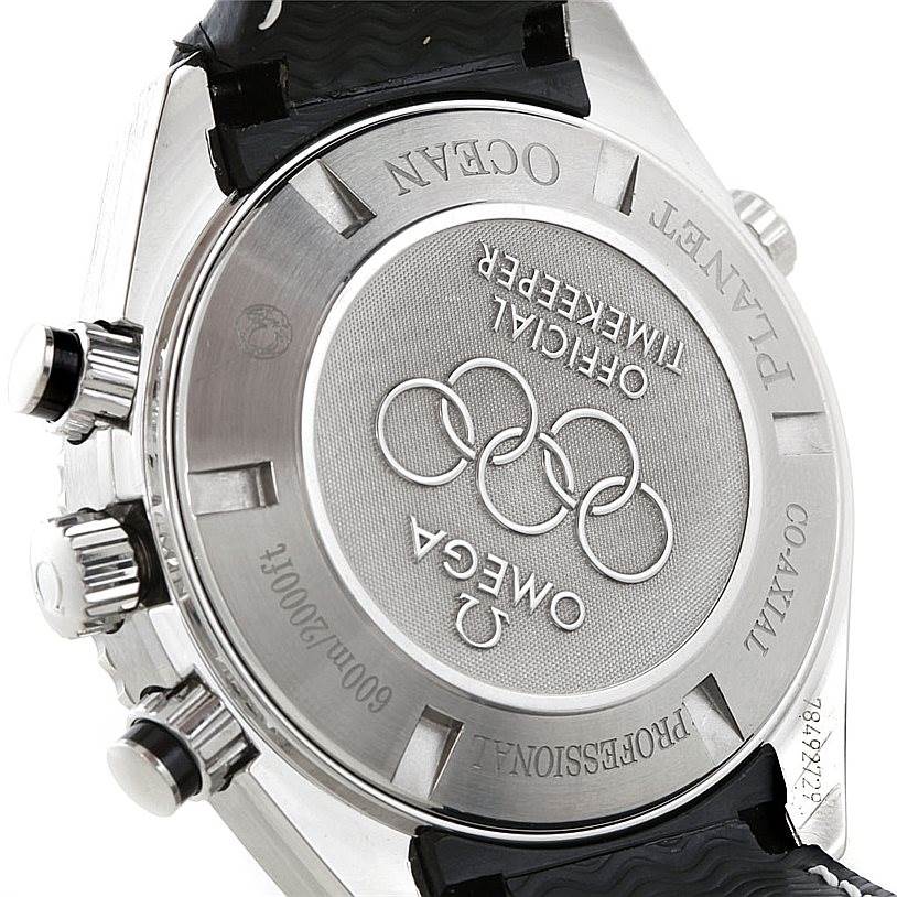 This image shows the back case and side view of the Omega Planet Ocean 222.32.46.50.01.001 Men
s Stainless Steel Black Dial 222.32.46.50.01.001 Men
s Stainless Steel Black Dial watch, highlighting the brand engraving and chronograph buttons.