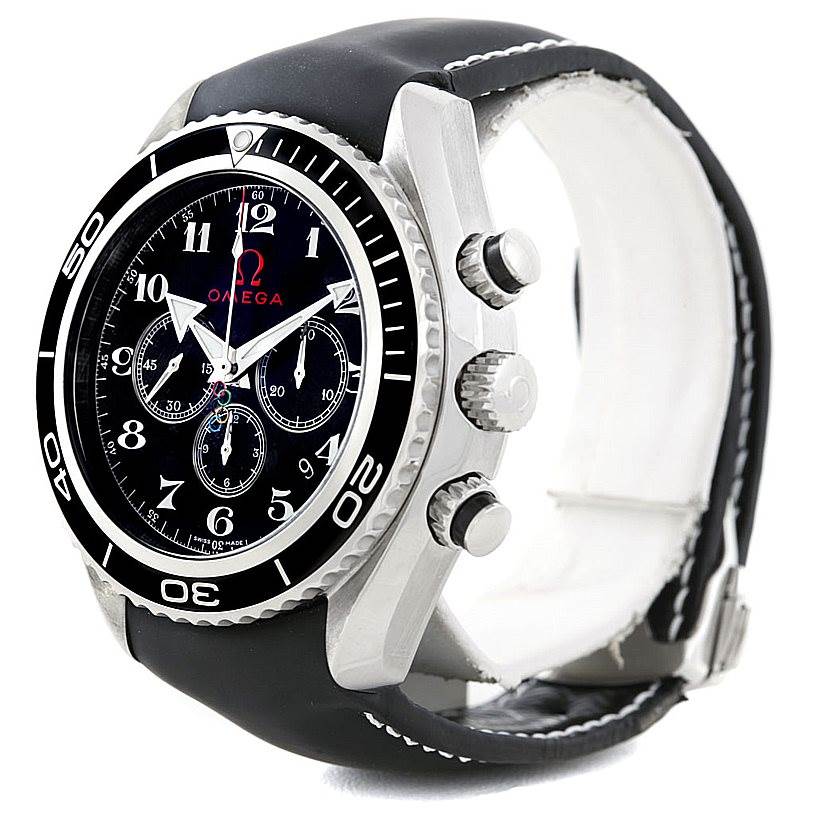 The Omega Planet Ocean 222.32.46.50.01.001 Men
s Stainless Steel Black Dial 222.32.46.50.01.001 Men
s Stainless Steel Black Dial watch is shown from an oblique front angle, highlighting its dial, bezel, and side pushers.