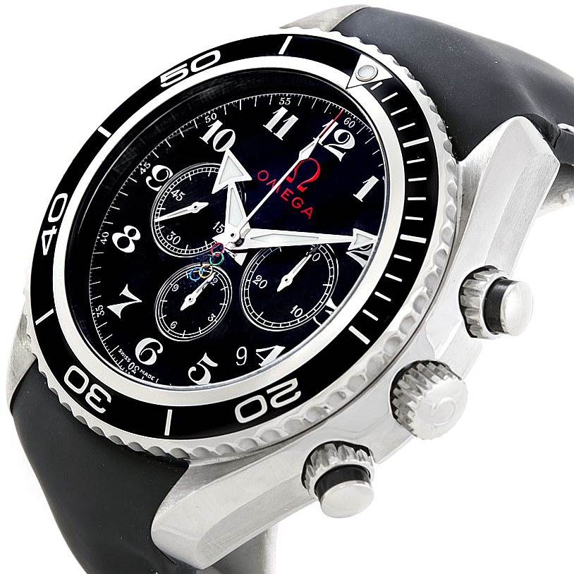 The Omega Planet Ocean 222.32.46.50.01.001 Men
s Stainless Steel Black Dial 222.32.46.50.01.001 Men
s Stainless Steel Black Dial watch is shown at a slight side angle, highlighting the bezel, dial, chronograph subdials, and crown.