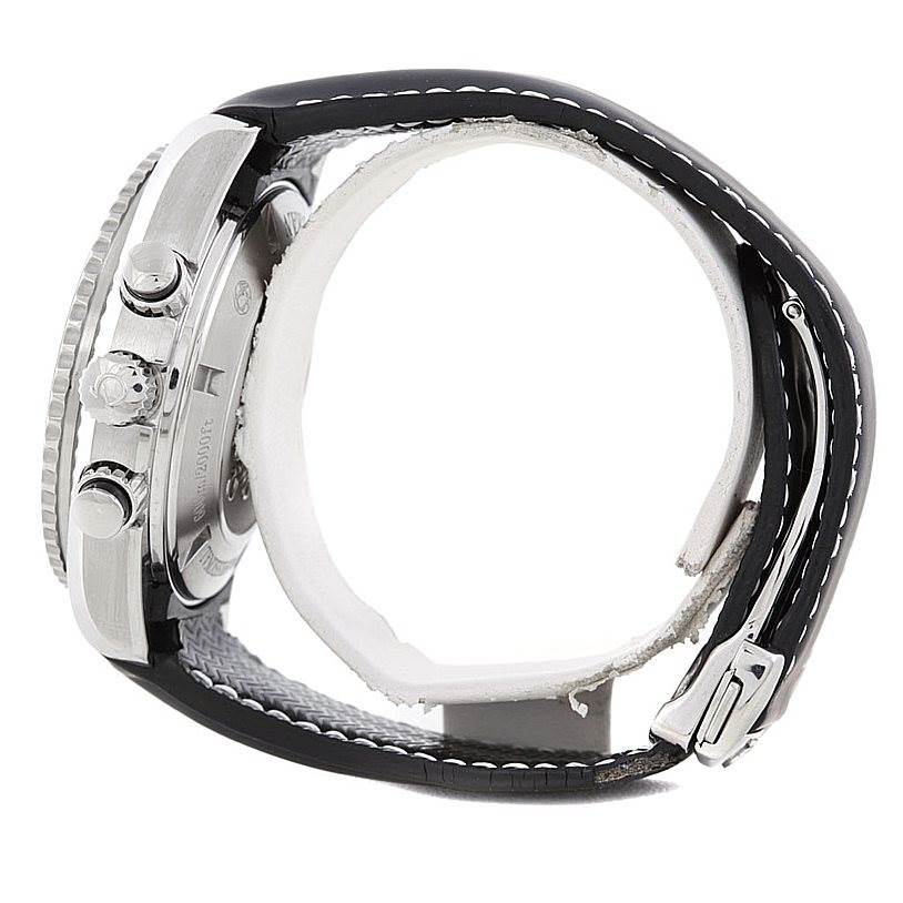 The image shows a side view of the Omega Planet Ocean 222.32.46.50.01.001 Men
s Stainless Steel Black Dial 222.32.46.50.01.001 Men
s Stainless Steel Black Dial watch, displaying the case, crowns, and a portion of the black leather strap.